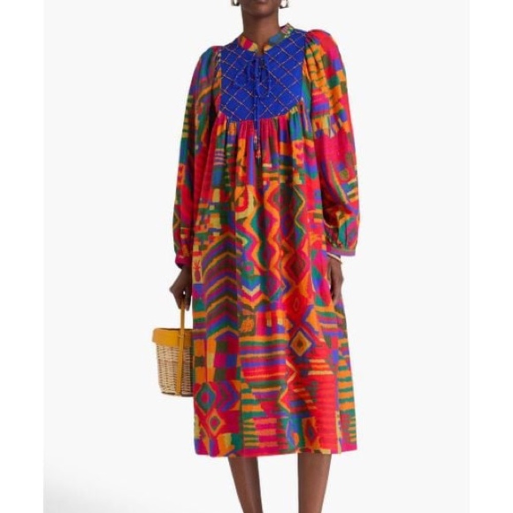 FARM Rio Multicolor Geometric Long-Sleeve Midi Dress